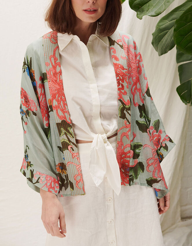 One Hundred Stars Floral Print Short Kimono, Blue (AQUA), large