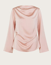 Clarissa Long Sleeve Cowl Satin Top, Pink (PINK), large