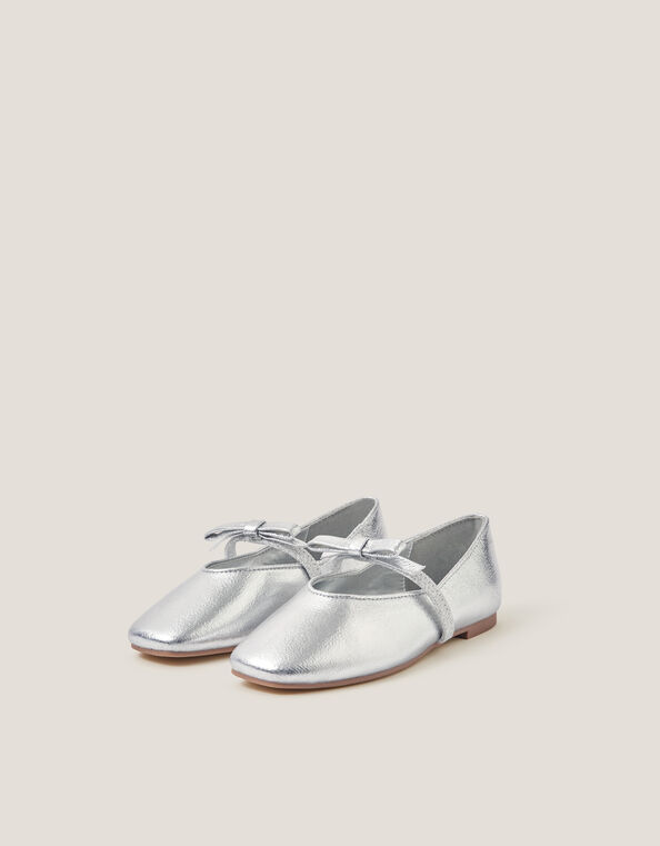 Bow Strap Metallic Ballet Flats, Silver (SILVER), large