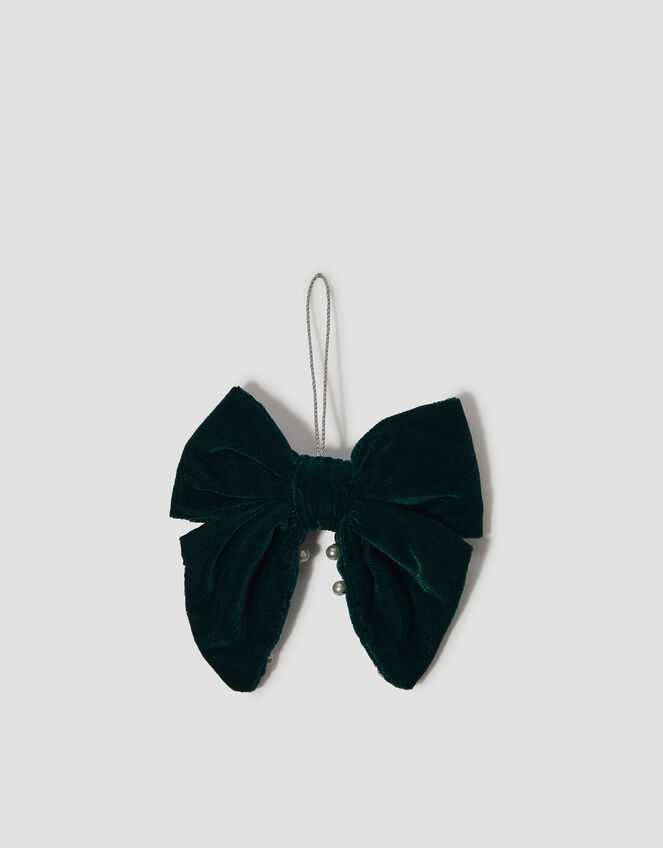 Embellished Pearl Bow Christmas Tree Decoration, Teal (TEAL), large
