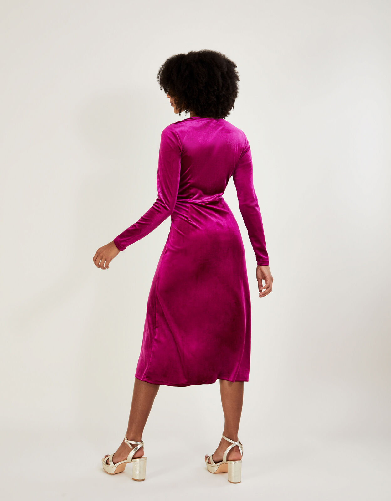 pink velvet midi dress