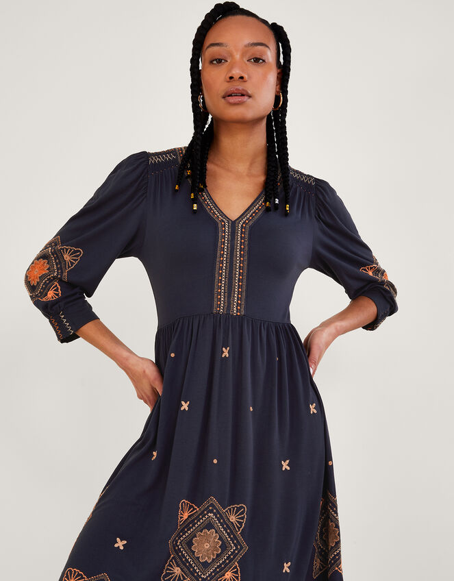Embellished Puff Sleeve Midi Jersey Dress, Blue (NAVY), large