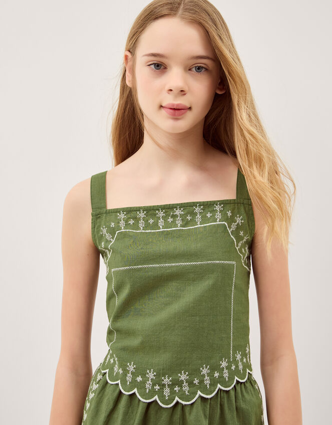 Embroidered Scallop Tank & Shorts Set, Green (KHAKI), large