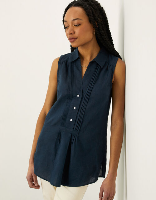 Sleeveless Longline Tunic Shirt in Linen Blend, Blue (NAVY), large