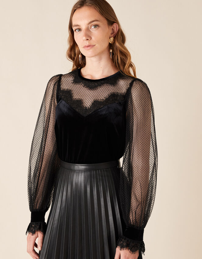 Lisandra Lace and Velvet Blouse, Black (BLACK), large