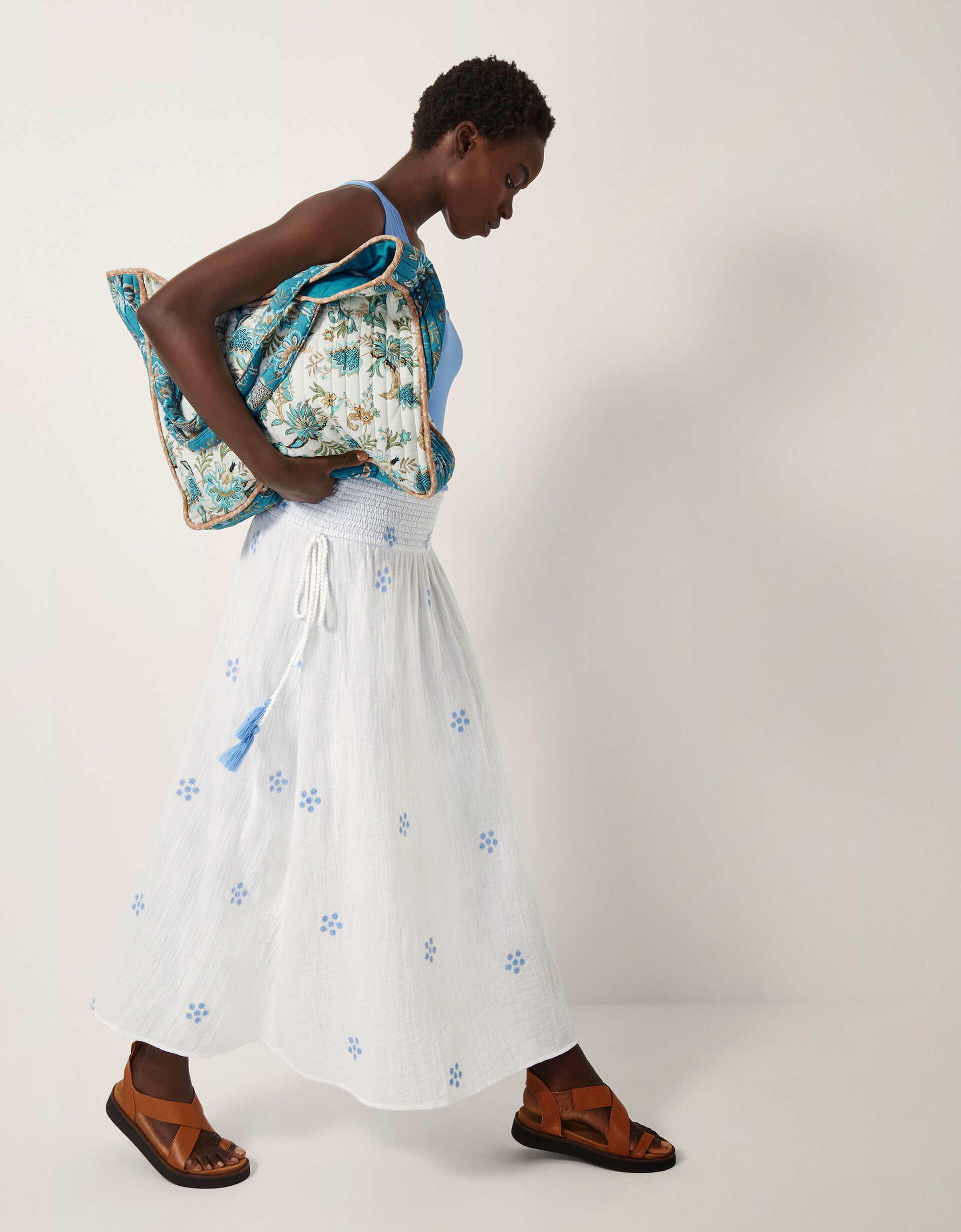 Daisy Embroidered Floral Midi Skirt White