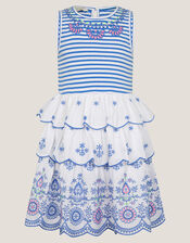 Broderie Stripe Tiered Dress, Blue (BLUE), large