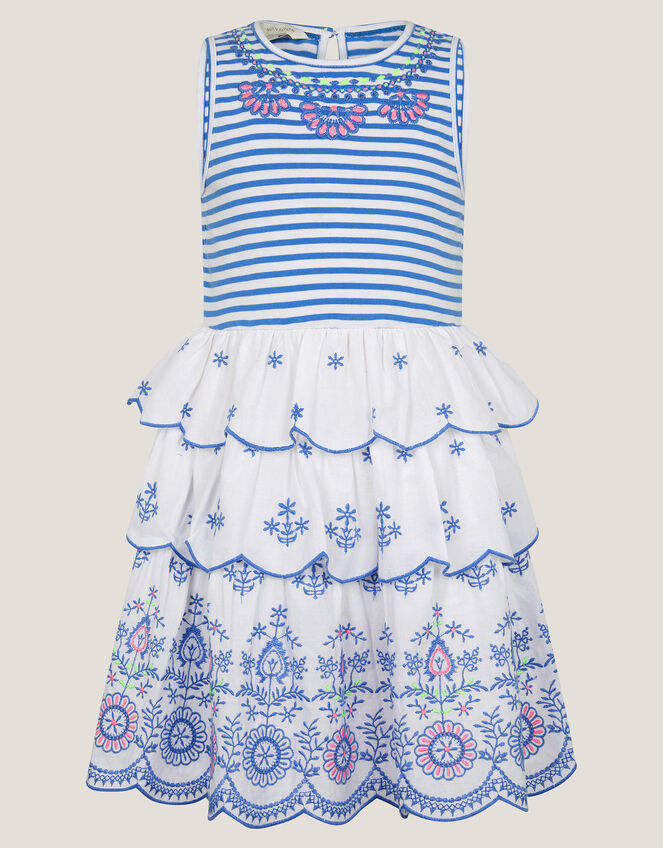 Broderie Stripe Tiered Dress, Blue (BLUE), large