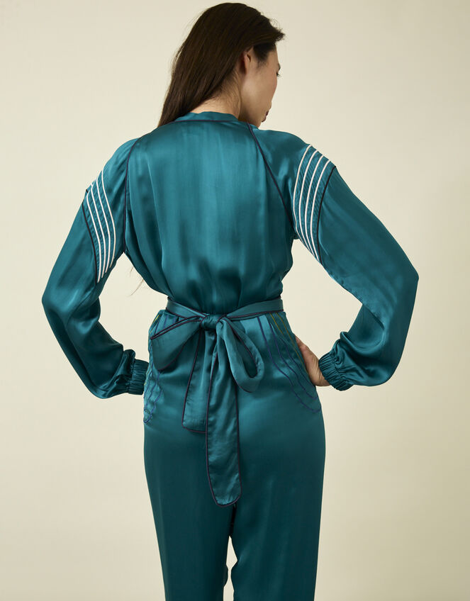 Tallulah and Hope Embroidered Satin Wrap Jumpsuit, Green (GREEN), large