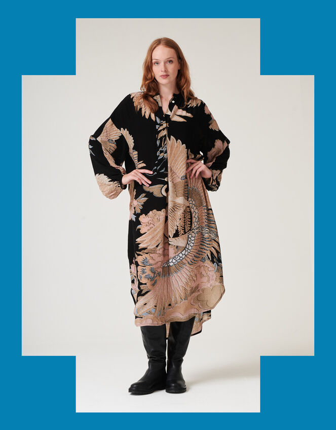 One Hundred Stars Darcy Crane Print Tunic Dress, Black (BLACK), large
