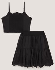 Embroidered Cotton Top & Skirt Set, Black (BLACK), large