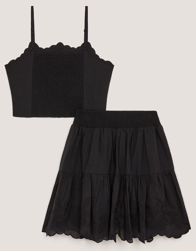 Embroidered Cotton Top & Skirt Set, Black (BLACK), large