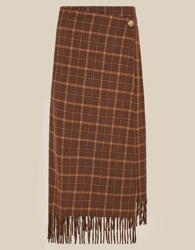 Celeste Check Fringe Midi Skirt, Brown (CHOCOLATE), large