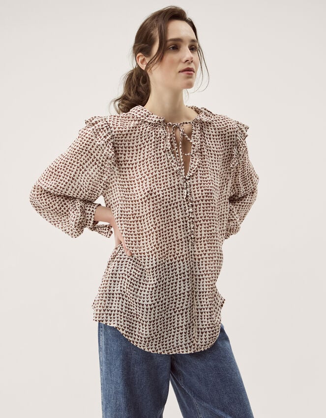 Hope Heart Print Blouse, Brown (CHOCOLATE), large