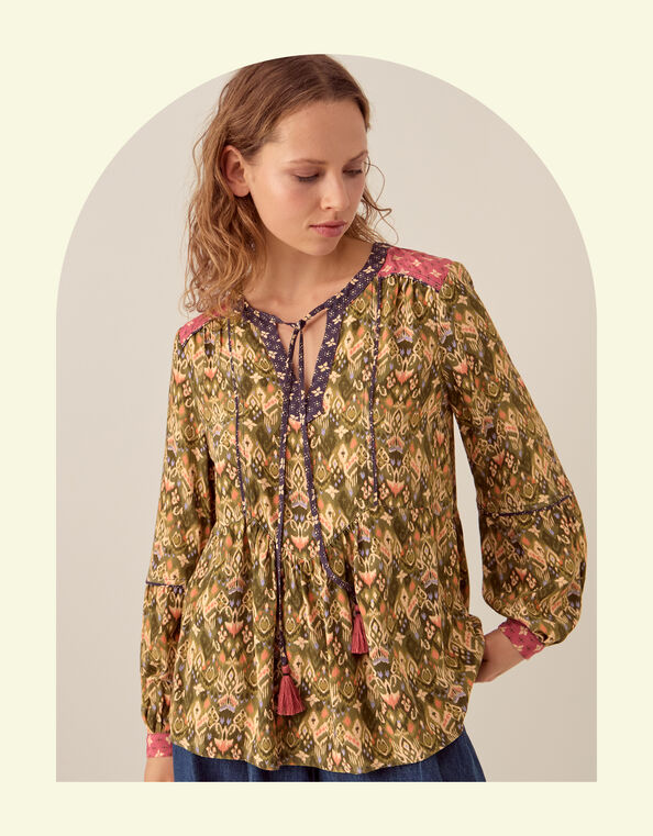 East Ikat Print Tassel Blouse, Green (GREEN), large