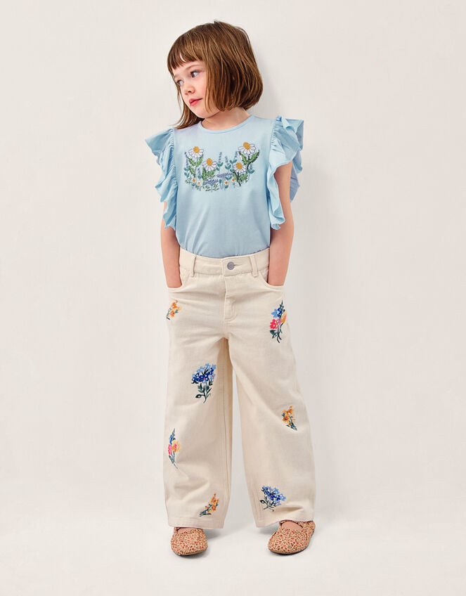 Sequin Floral Embroidered Wide Leg Jeans Ivory