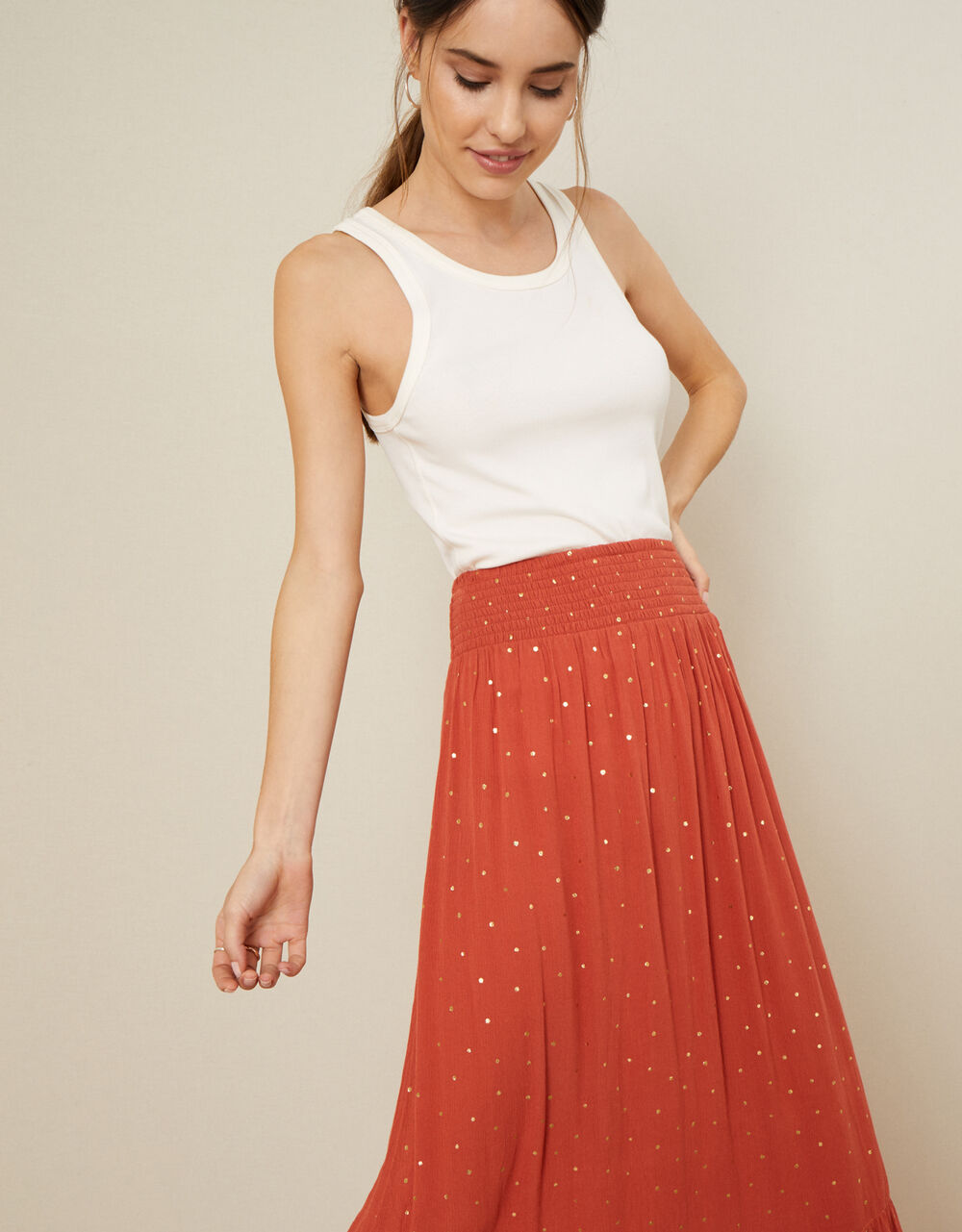 Women Women's Clothing | Foil Print Tiered Maxi Skirt in LENZING™ ECOVERO™ Orange - FV59308