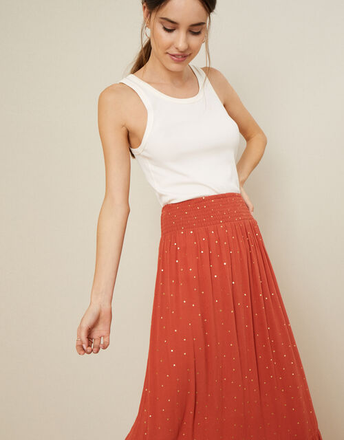 Foil Print Tiered Maxi Skirt in LENZING™ ECOVERO™ , Orange (ORANGE), large