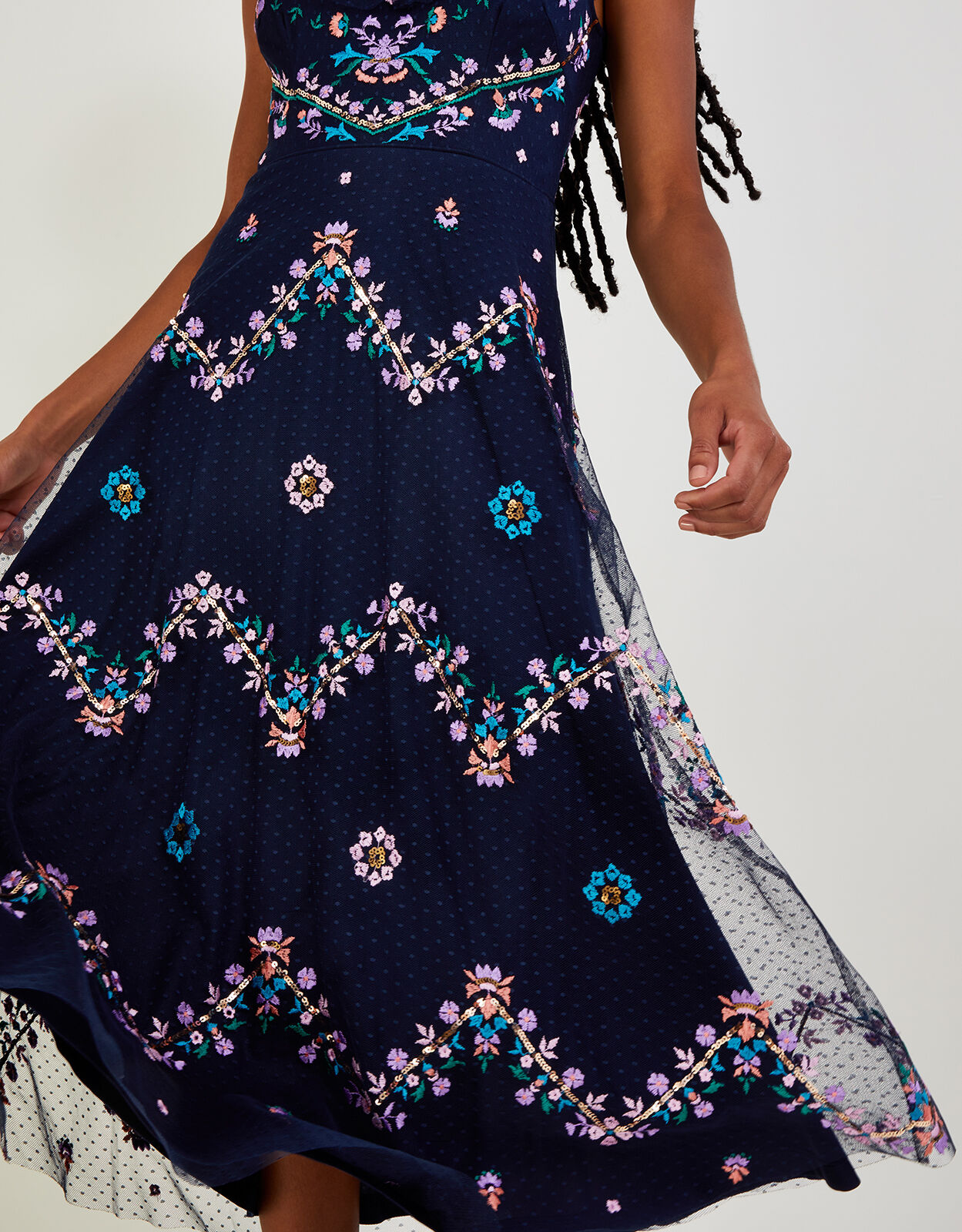 Fiorella Frill Strap Embroidered Dress Blue Evening Dresses
