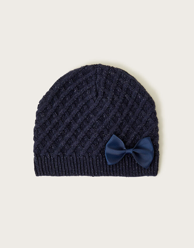 Bow Detail Beanie Hat, Blue (NAVY), large