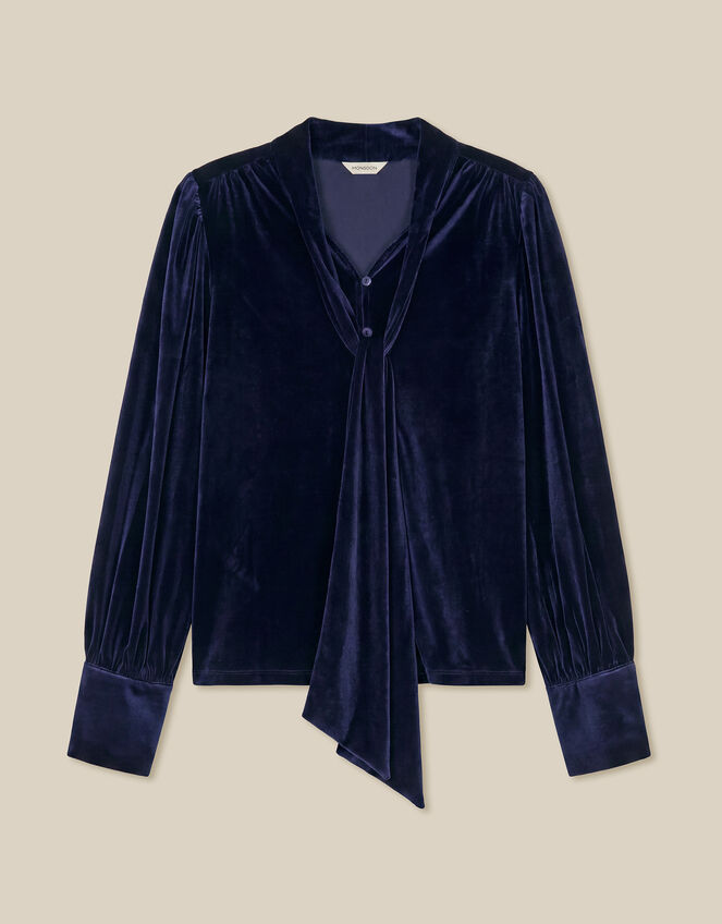 Tessa Neck Tie Velvet Shirt, Blue (MIDNIGHT), large