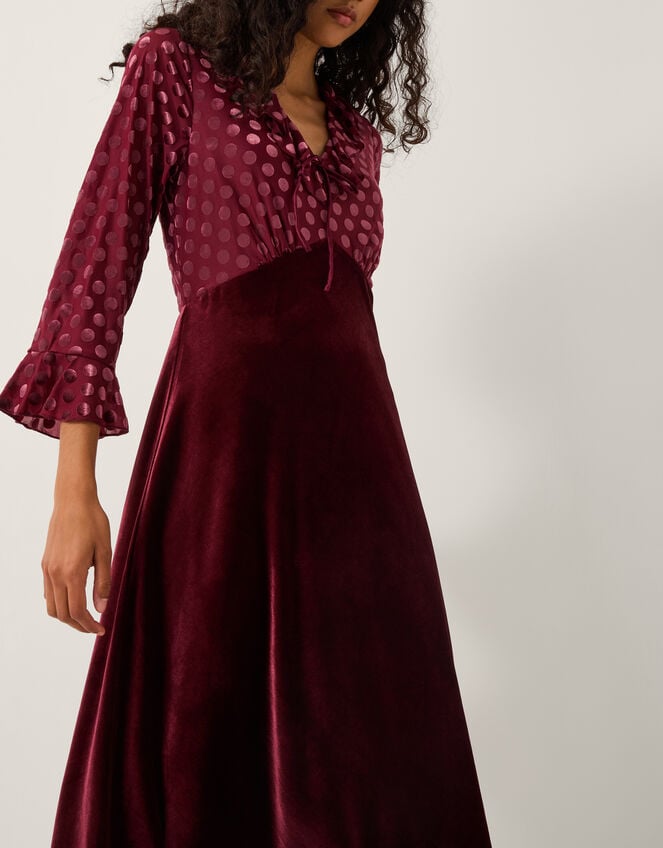 Dua Polka Dot Velvet Midi Dress, Red (BERRY), large
