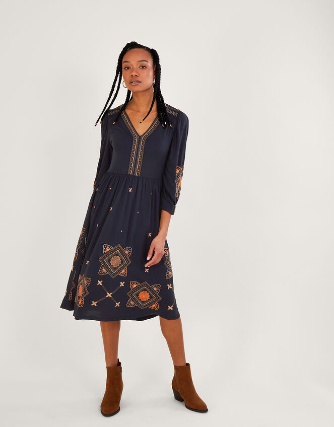 Embellished Puff Sleeve Midi Jersey Dress, Blue (NAVY), large
