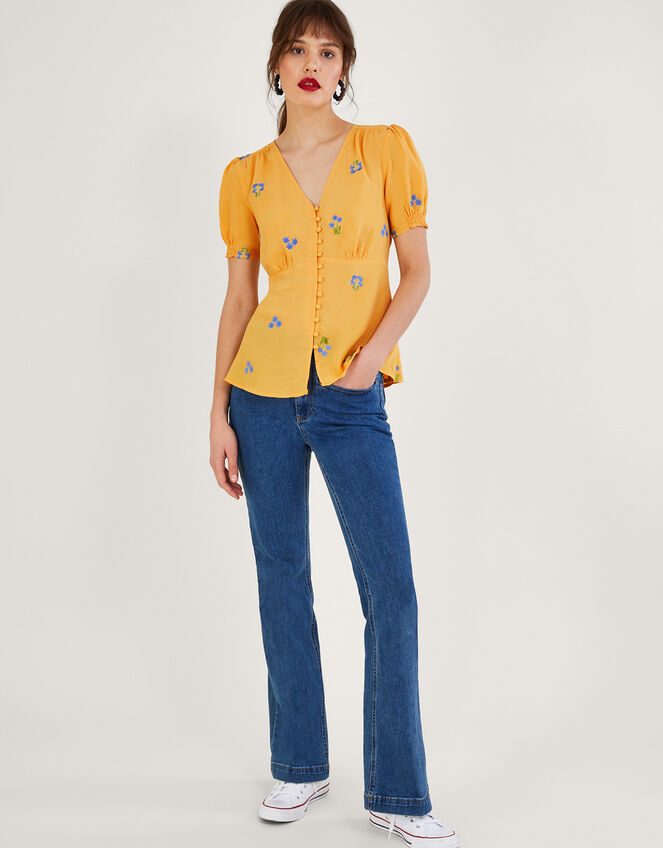 Ollie Embroidered Tea Top in Sustainable Viscose, Yellow (YELLOW), large