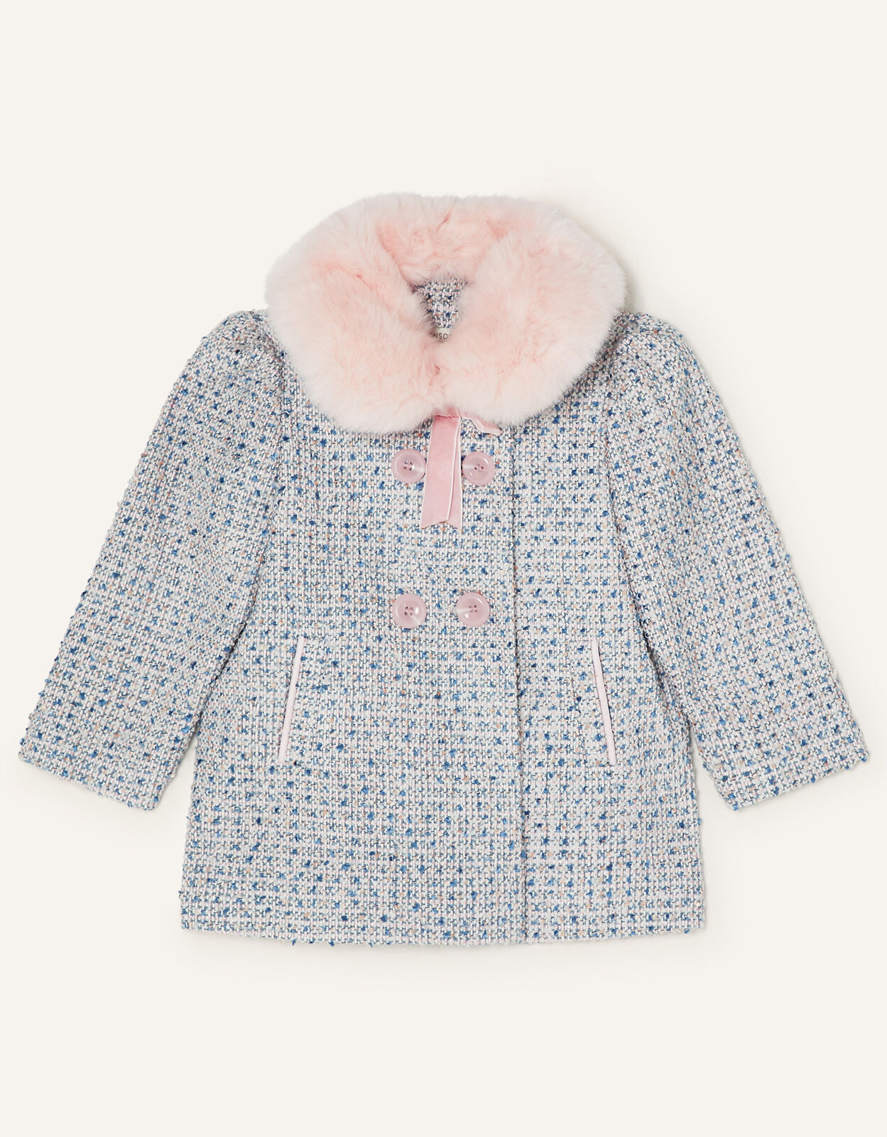 Baby Tweed Coat with Faux Fur Collar Blue