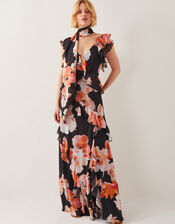Carrie Floral Ruffle Chiffon Maxi Dress, Black (BLACK), large