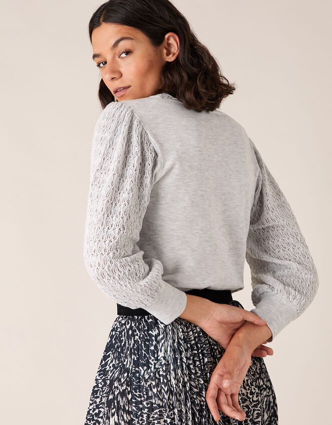 Pointelle Puff Sleeve Knit Jumper, Grey (GREY MARL), large