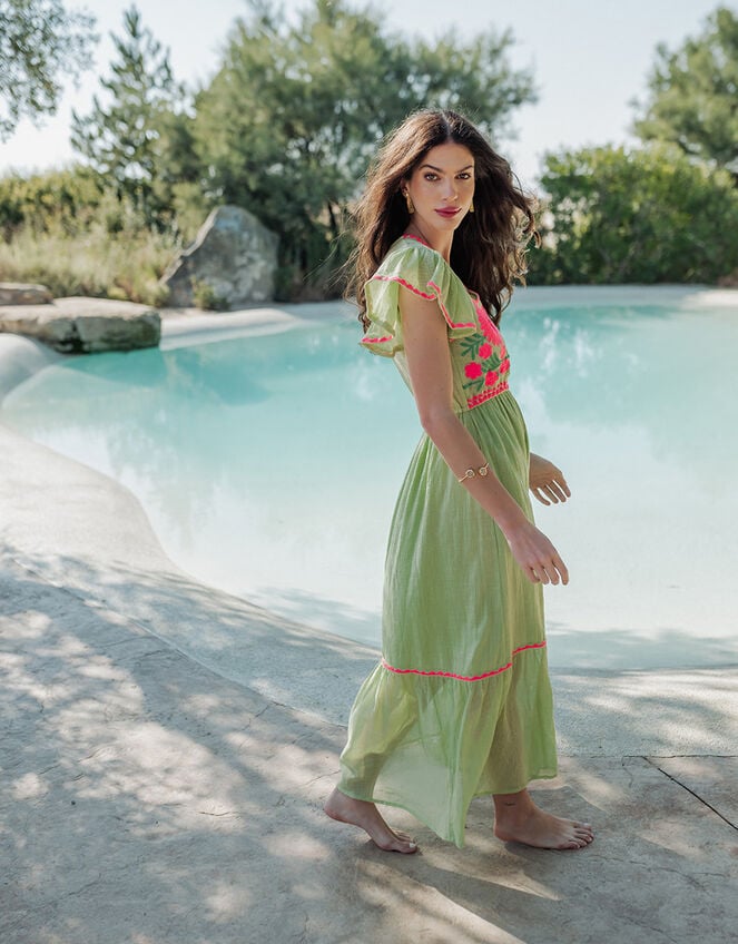Piti Cuiti Floral Embroidered Maxi Dress, Green (GREEN), large