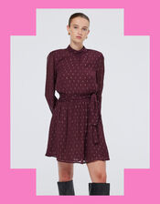 Scotch and Soda Metallic Tie Waist Mini Dress, Red (BURGUNDY), large