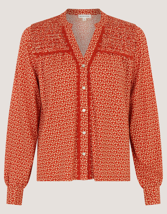 Palmer Print Smocked Jersey Top Red