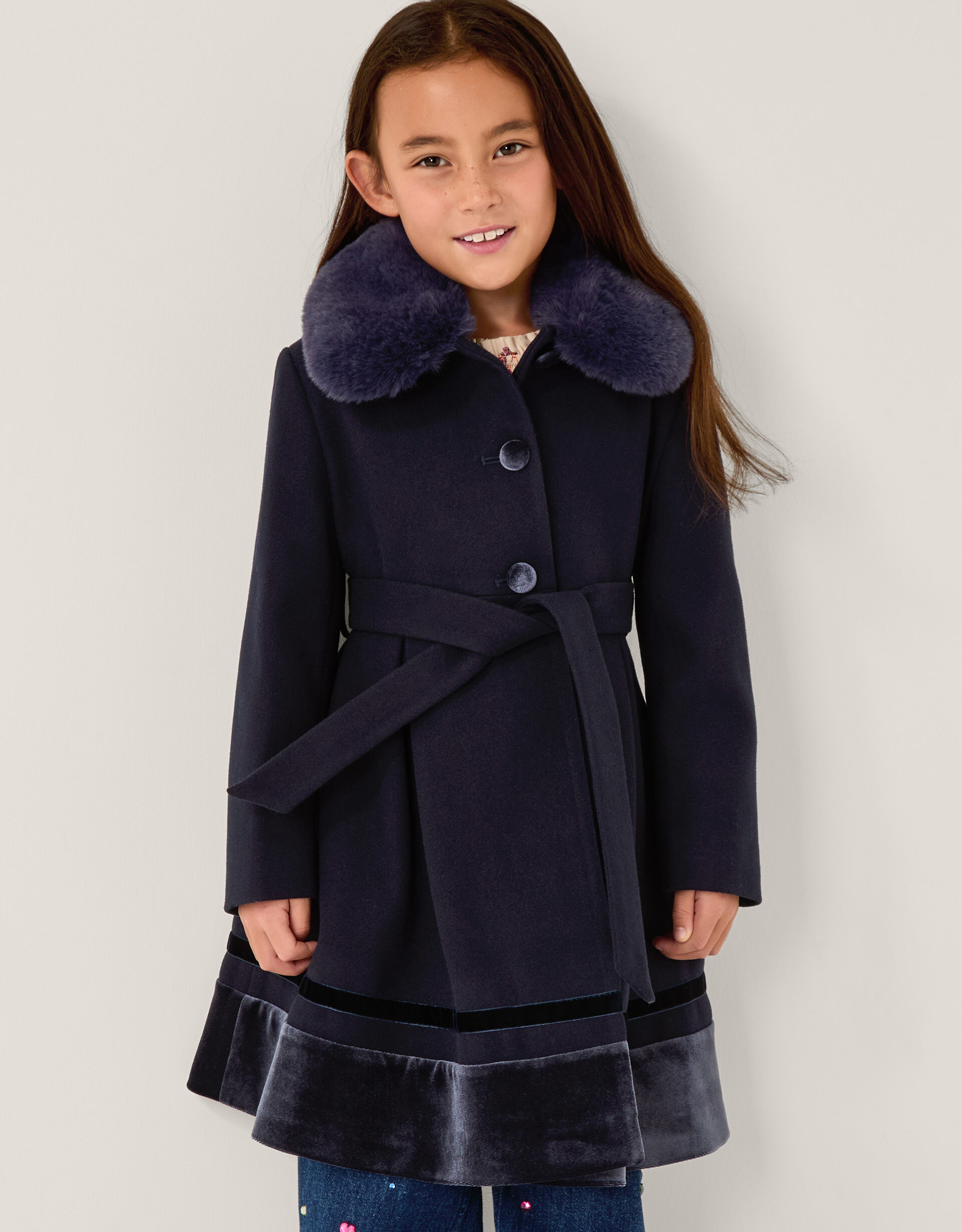 Velvet Trim Faux Fur Dress Coat Blue