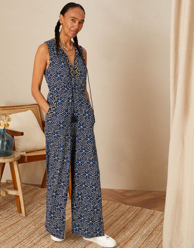 Geometric Print Jersey Jumpsuit Blue