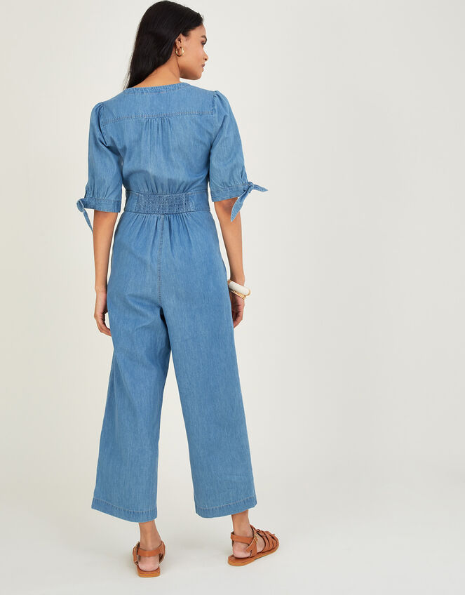 Denim Dolly Crop Jumpsuit in Sustainable Cotton, Blue (BLUE), large