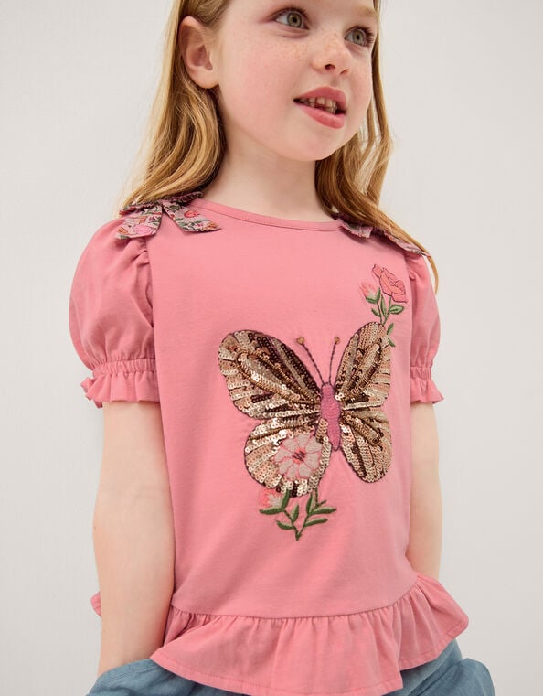 Sequin Butterfly Cotton T-Shirt, Pink (PINK), large