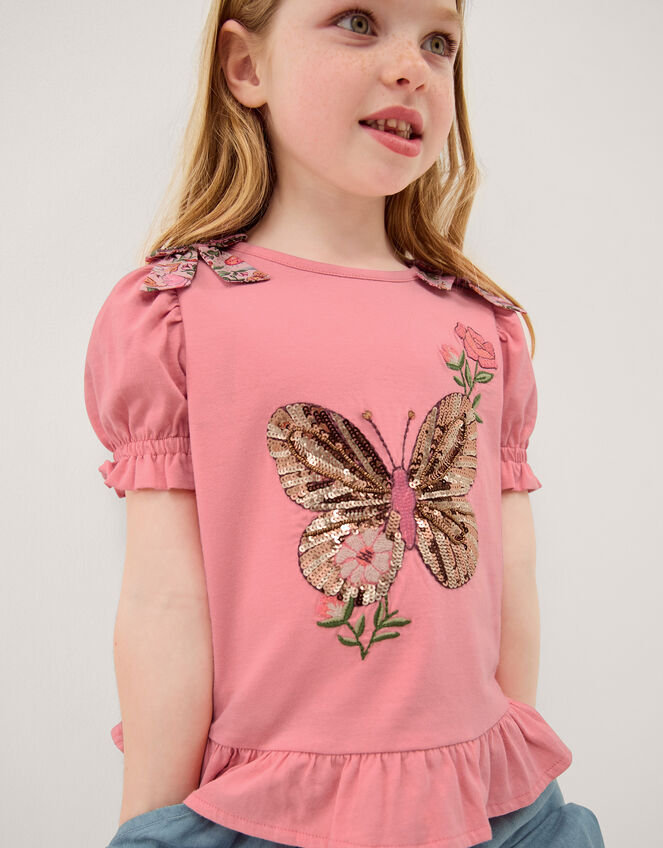 Sequin Butterfly Cotton T-Shirt, Pink (PINK), large