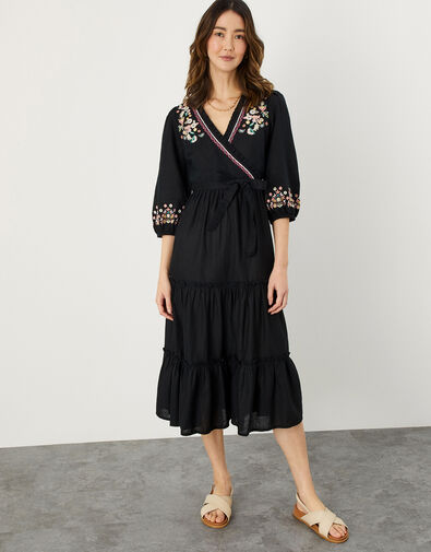 Embroidered Tiered Wrap Dress in Linen Blend Black, Black (BLACK), large