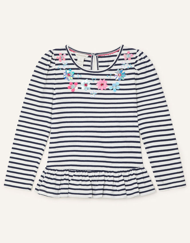 Striped Gem Neckline Top, Blue (NAVY), large