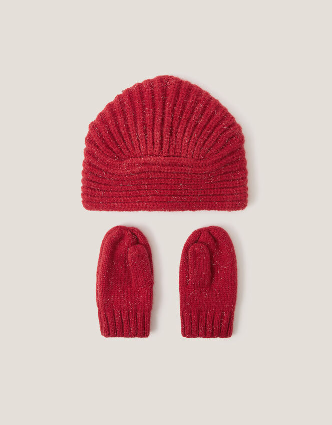 Baby Bow Knitted Hat & Mittens Set, Red (RED), large