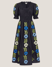 Shona Embroidered Puff-Sleeve Midi Dress, Black (BLACK), large