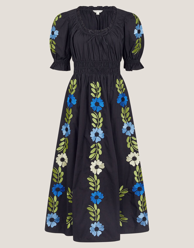 Shona Embroidered Puff-Sleeve Midi Dress, Black (BLACK), large