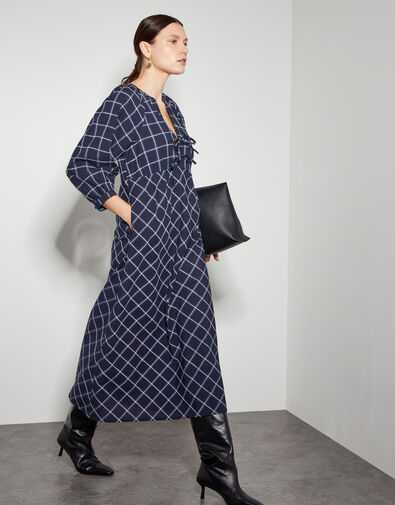 Frankie Tie Front Check Print Maxi Dress, Blue (NAVY), large