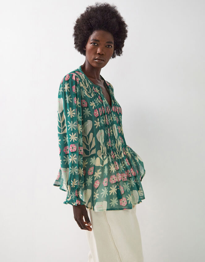 East Charlize Printed Pintuck Blouse, Green (GREEN), large