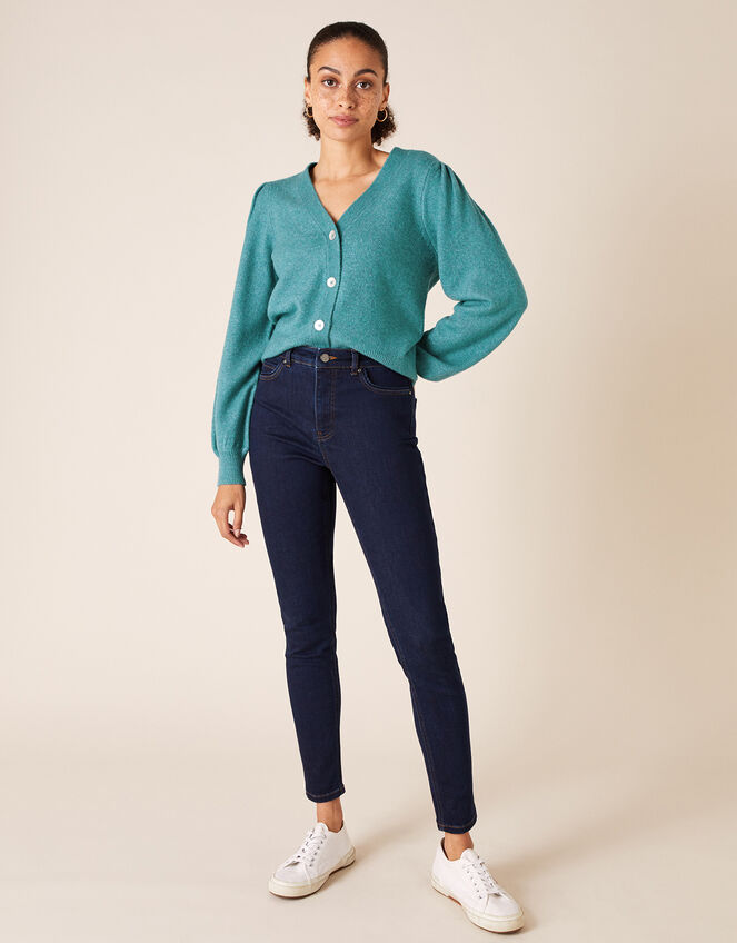 Blouson Sleeve Cardigan with Recycled Fabric, Green (GREEN), large