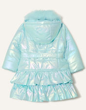 Holographic Frill Hooded Coat, Blue (AQUA), large