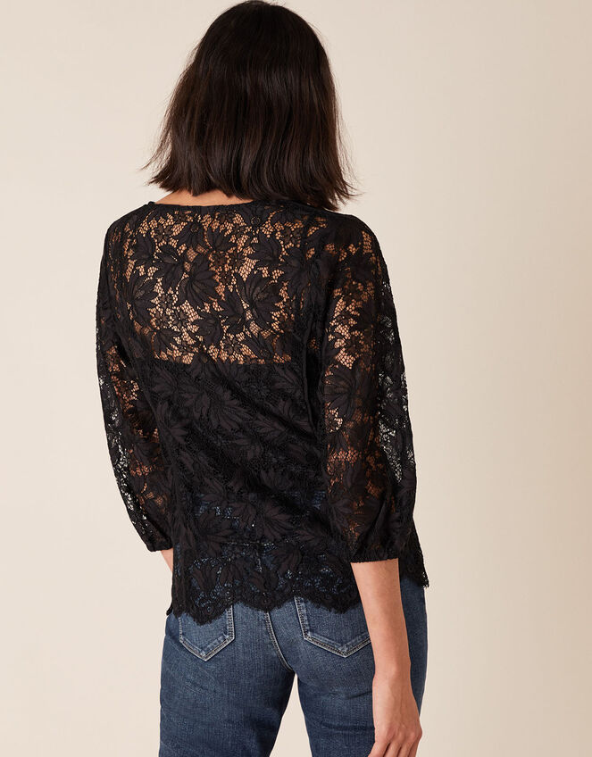 Floral Lace Button-Down Top, Black (BLACK), large