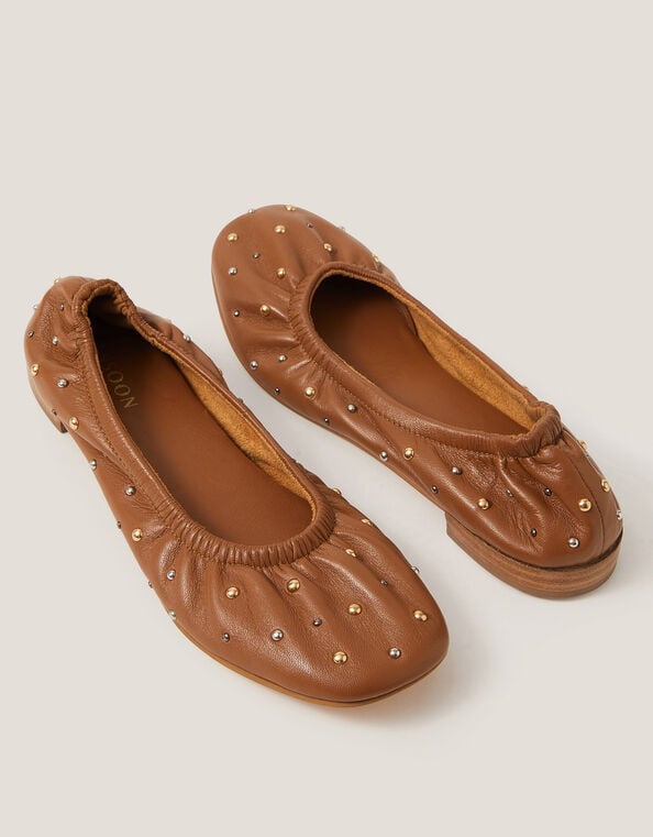 Mila Leather Stud Ballet Pumps, Tan (TAN), large